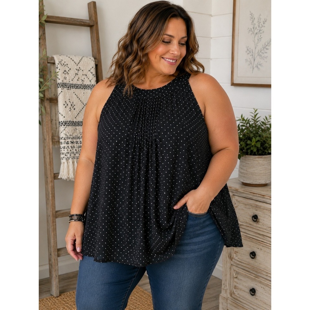 Love Story Black Polka Dot Sleeveless Blouse Womens 3X Fits 2X Flowy Pleated